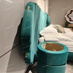 Green Velvet Cylindrical Nightstand with Gold Mirror Stainless Steel Top & Rotating Storage